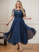 A-line Boat Neck Illusion Asymmetrical Lace Chiffon Mother of the Bride Dress With Cascading Ruffles Sequins